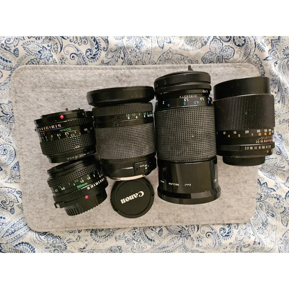 Vintage Camera Lens Lot of 5 Canon FD 50mm f/1.4, FD 50mm f/1.8, Suntar, Phoenix